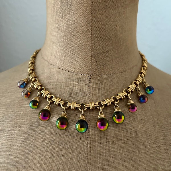 Vintage Gold Plated Iridescent Watermelon Bubble Glass Festoon Necklace