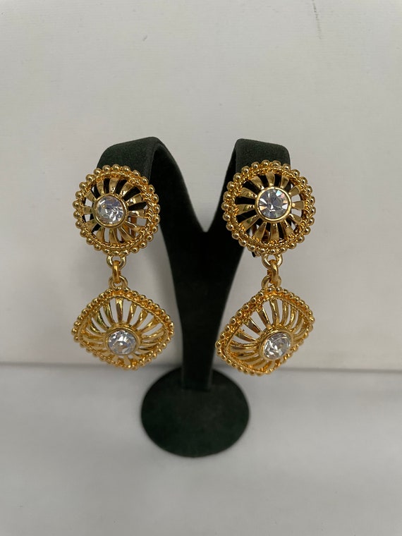 Vintage Gold Plated Clear Faceted Crystal Cabochon Pendant Dangle Clip On Statement Earrings