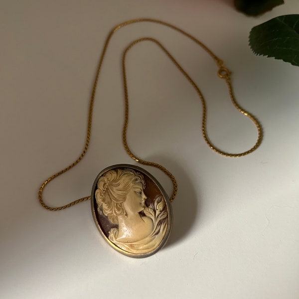 Vintage Carved Lady Cameo Brosche Halskette