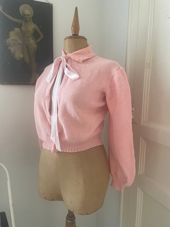 Vintage Hand Knitted Pink Sweater w/ Open Middle,… - image 5