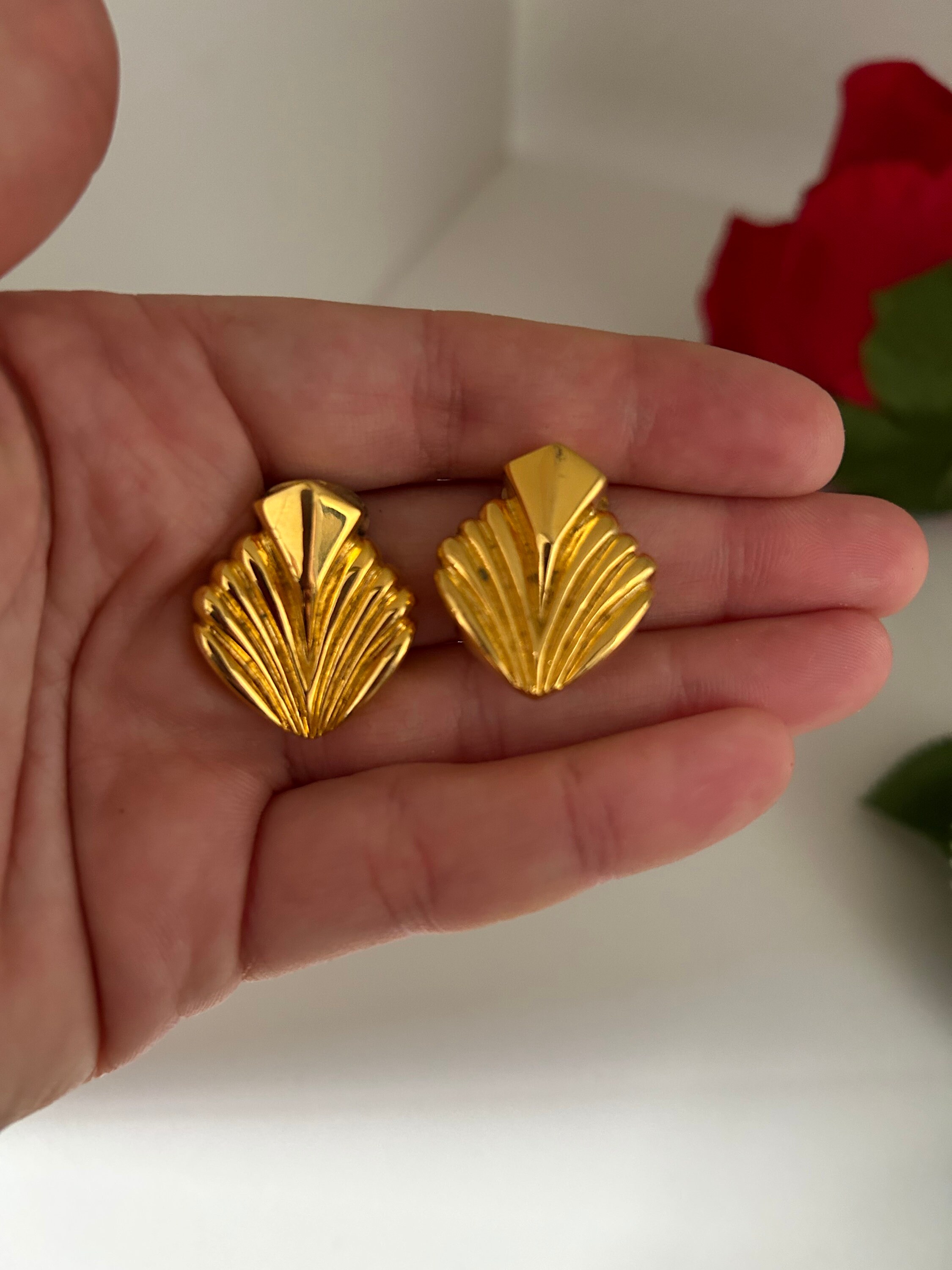 Boucles D'Oreilles Vintage Plaqué Or – Style Art Déco Ethnique – Fermoir Clips