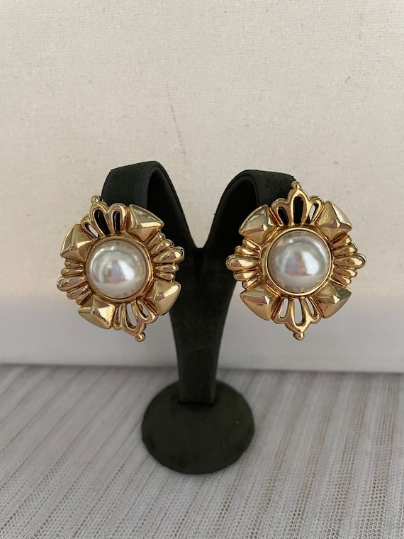 Boucles D'oreilles Anciennes Clip Art Déco Plaqué Or - Modèle Perle - Vintage
