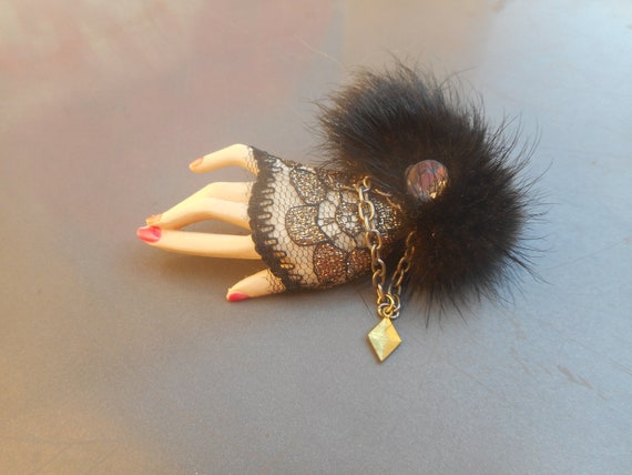 Vintage Hand Brooch 80s Black Lace Glove Painted F
