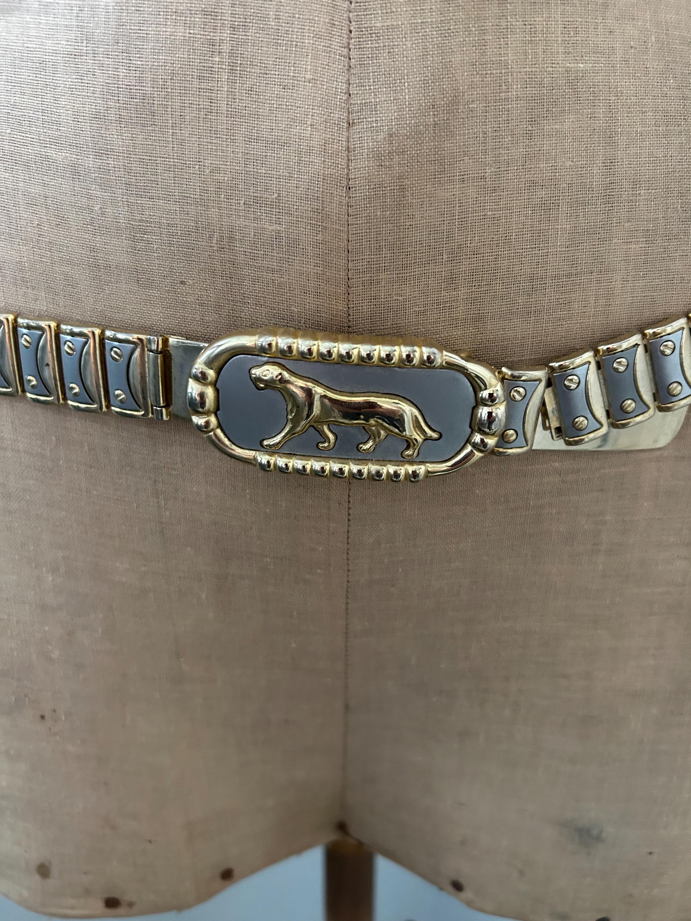 Vintage Gold and Silver Panther Buckle Clasp Belt: 80s Glam  display picture 2