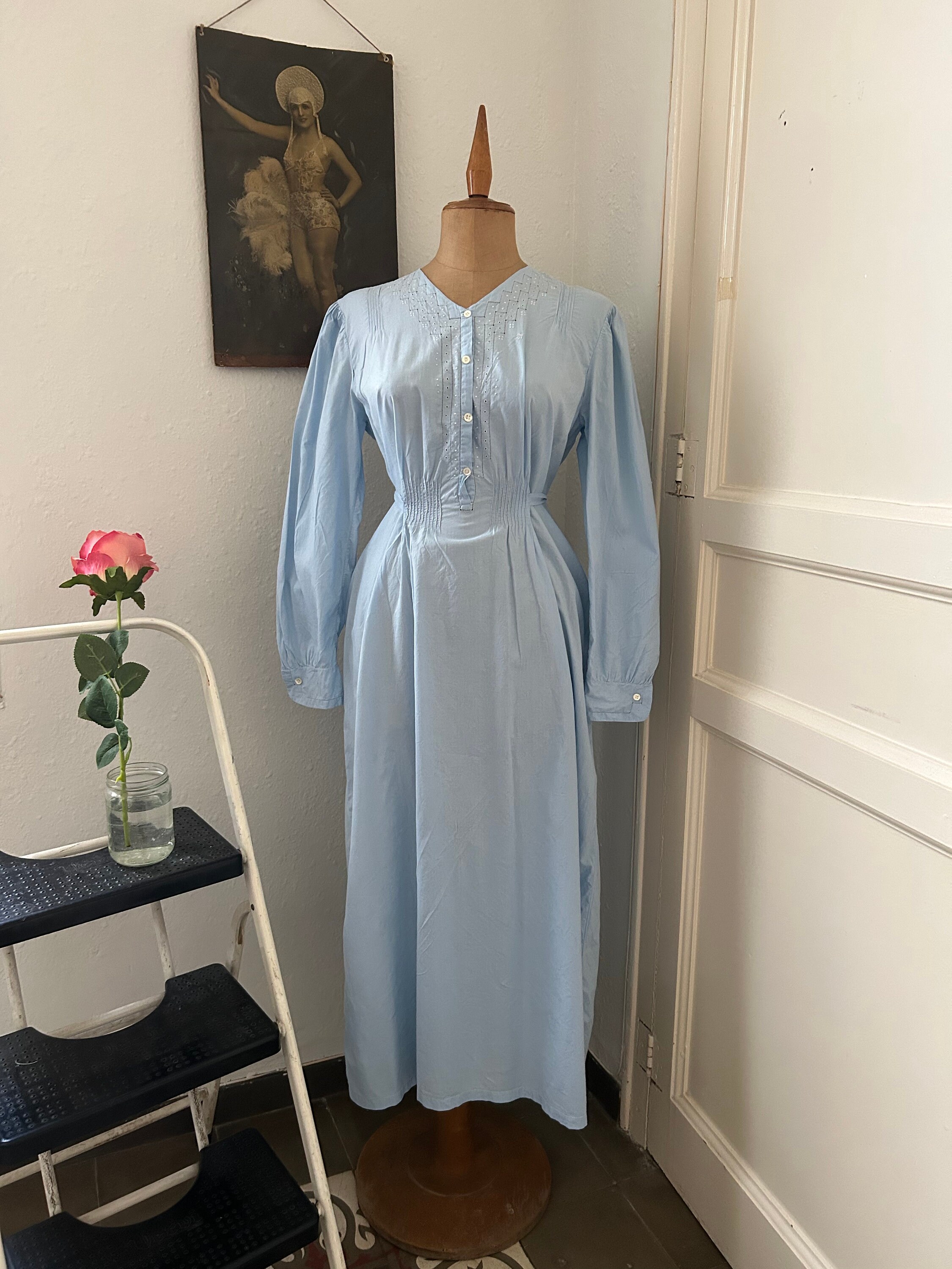 Vintage 1940s Blue Cotton Long Sleeved Nightgown W/ White Dotted Embroidery  Work, Homemade Vintage Baby Blue Nightdress W/ Sash Size Medium 