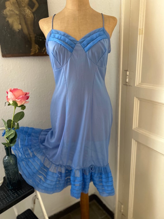 Vintage 50s Periwinkle Blue Nylon Slip Dress, Fro… - image 2