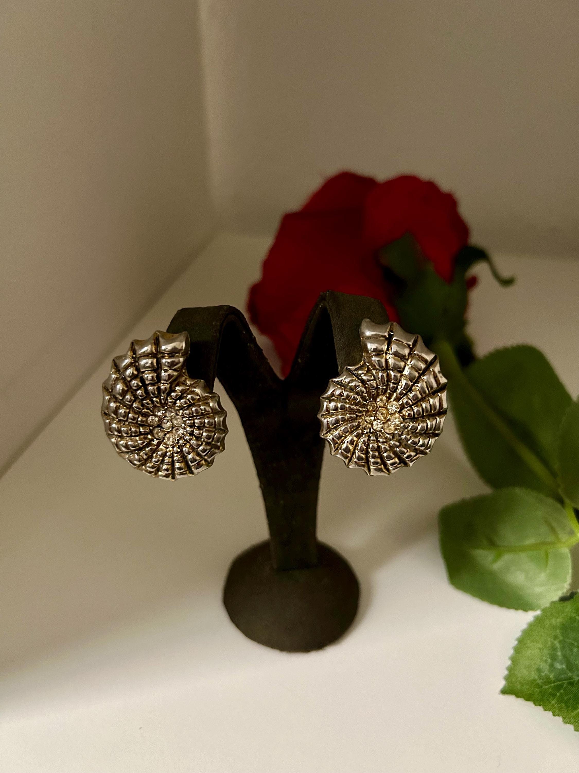 Vintage Fossil Swirl Shaped Clip Earrings with Sparkling Rhinestone Centers