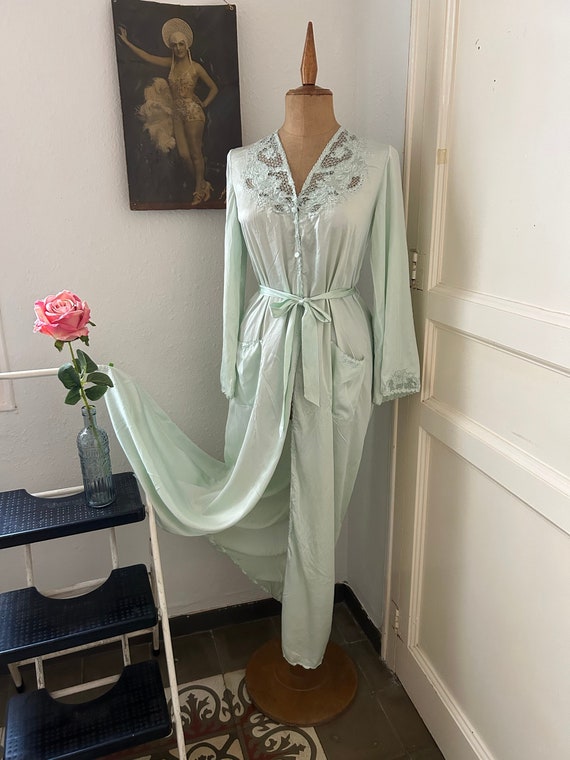 Gorgeous Mint Green Hand Embroidered Long Silk Rob