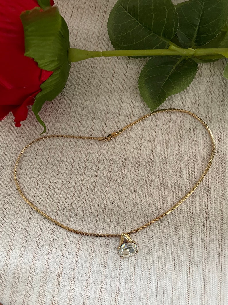 Vintage NOS Gold Plated Faceted Open Back Clear Crystal Pendant Chain Collar Necklace 80s Oval Glass Cabochon Jewel 17 or 43 cm image 6