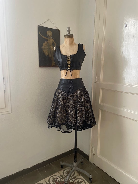 Vintage 80s Cosplay Black Pleather Corset Top and Skirt, Princess Warrior  Rocker Costume, Gold and Black Lace Tulle Skirt W/ Lace up Bra Top 