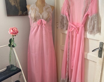 1960s Pink Voile Lace Nightgown Robe Set - Handmade Peignoir - Size Small/Medium