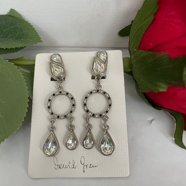 NOS Vintage David Grau Antiqued Silver Tone Metal Rhinestone Art Deco Style Shoulder Duster Double Teardrop Jewel Clip On Earrings