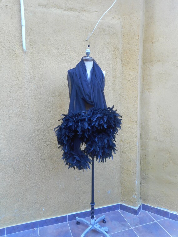 Vintage Long Feather Boa Trim Sheer Black Shawl Wr