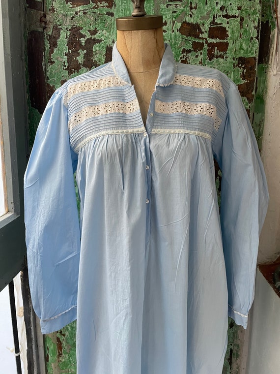 Vintage 1930s Blue Cotton Nightgown, Antique Long… - image 3