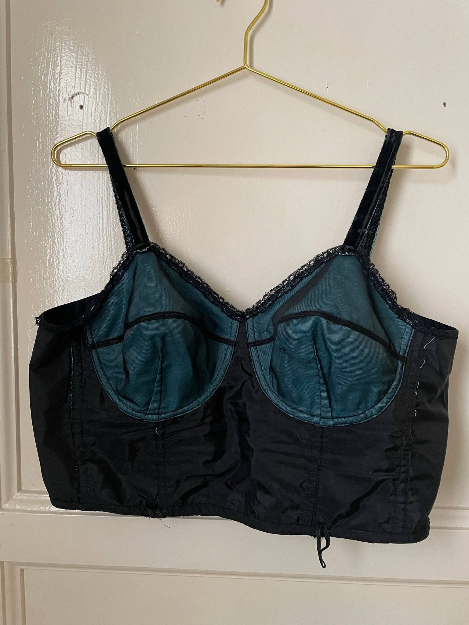 Vintage 1950s Black Satin and Fishnet Lace Bra, Rayon and Mesh