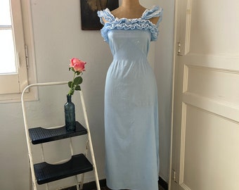 Vintage 1940s Blue Cotton Sleeveless Fit and Flare Nightgown with Lacy Ruffles