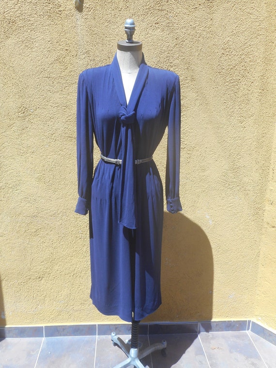 Homemade Vintage 1940s Navy Blue Jersey Knit Dress