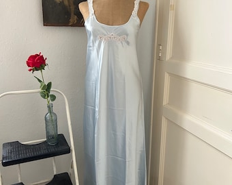 Vintage 90s does 20s Silky Baby Blue Bias Cut Nightgown with Lace Trim Size Blue