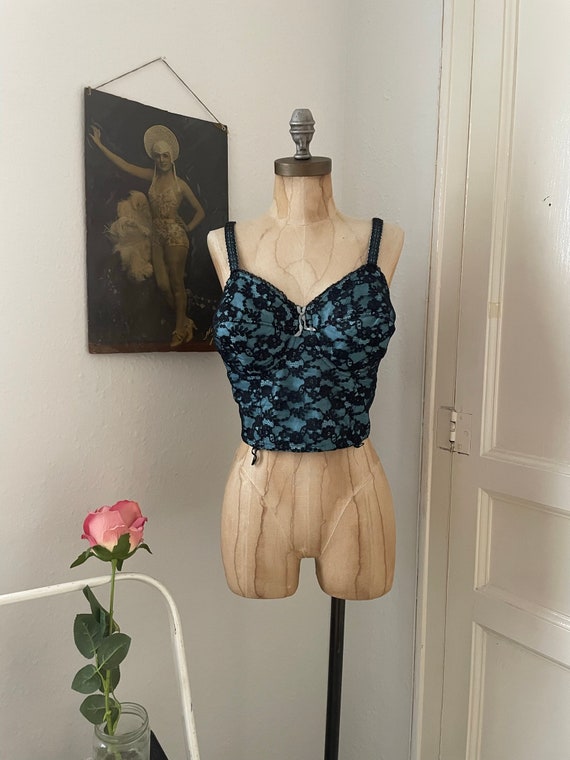 Vintage Aqua Blue & Black Floral Lace Long Line Bra, Bustier Size XL,  Homemade 50s Burlesque Lingerie Made in Spain, Lacy Bra Top Plus Size -   Canada