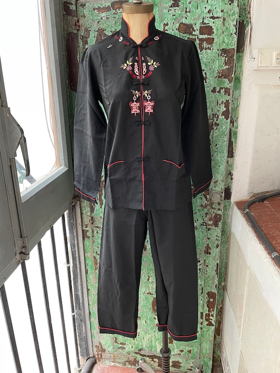 Vintage 1960s Chinese Black Pajama Set Embroidere… - image 1