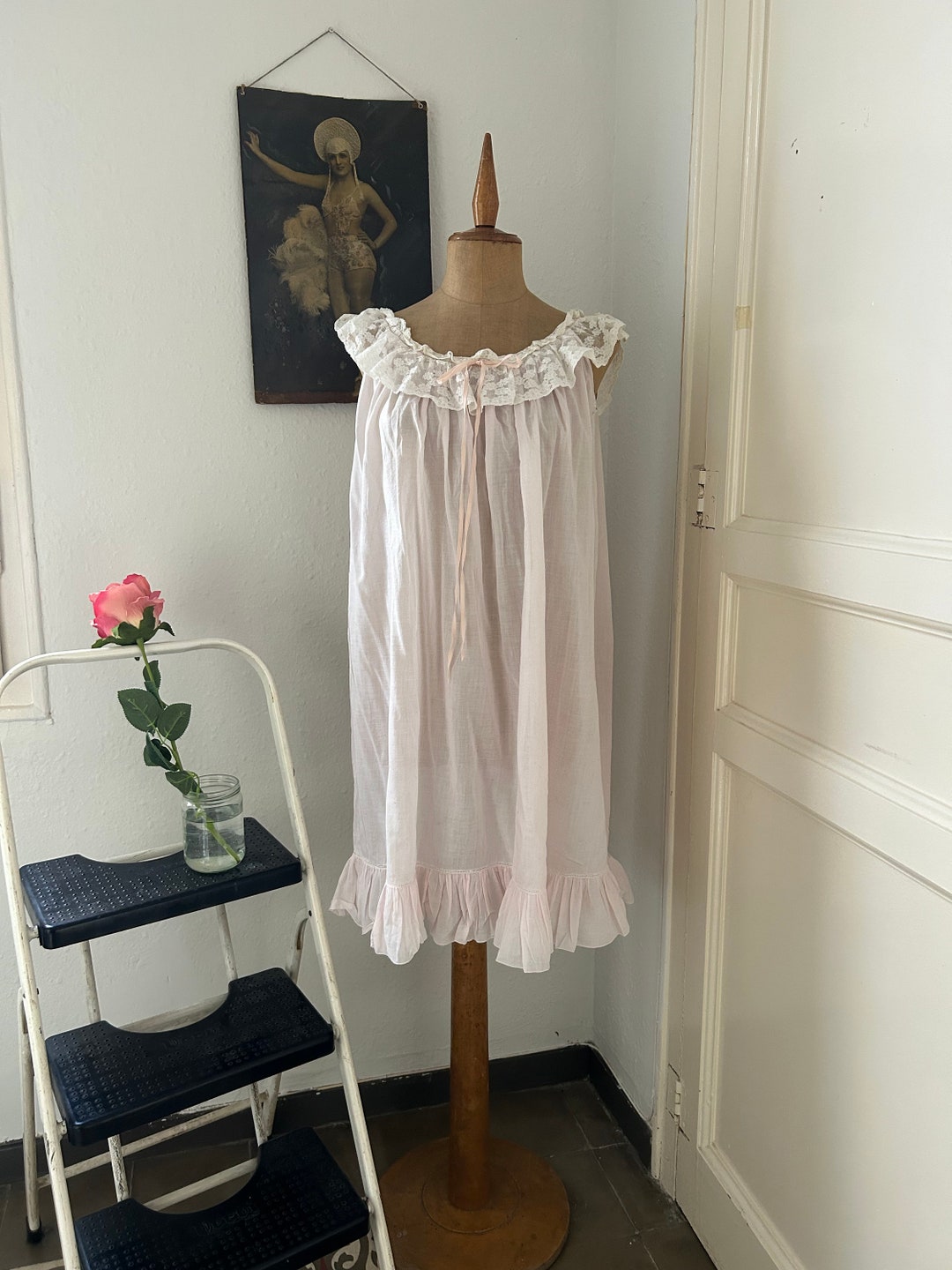 Vintage Pink Cotton Voile & Lace Nightgown W/ Ruffled Lace Scoop