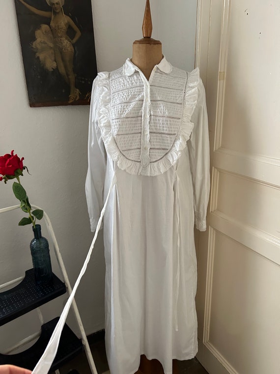 Antique Ruffled Bib White Cotton Nightgown, Edwar… - image 10