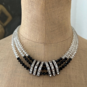 Vintage 1950s Three Strand Clear and Jet Black Crystal Collar Necklace