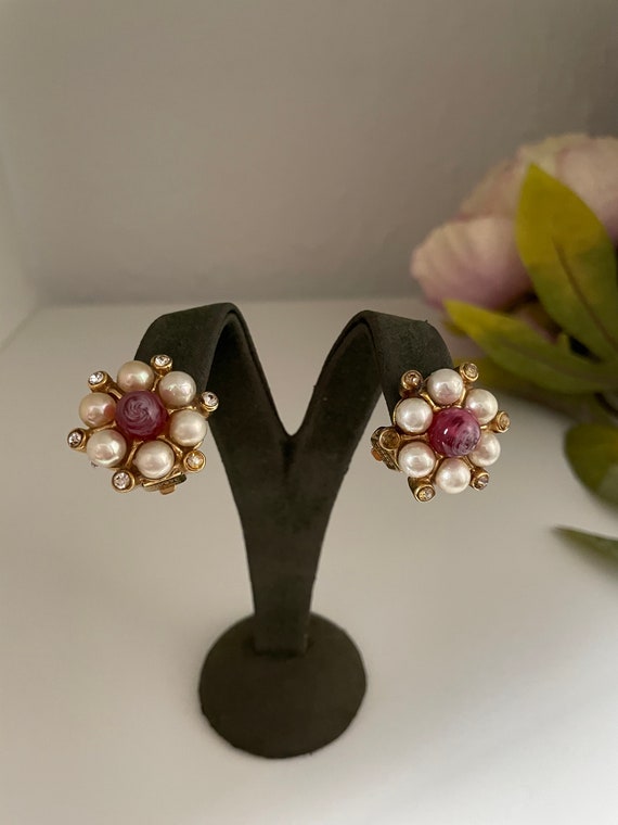 Vintage Bijoux Cascio Earrings, Pink Jewel Faux Pe