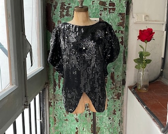 Vintage Schwarzes Pailletten Top: 1970s Party Bluse Fledermausärmel
