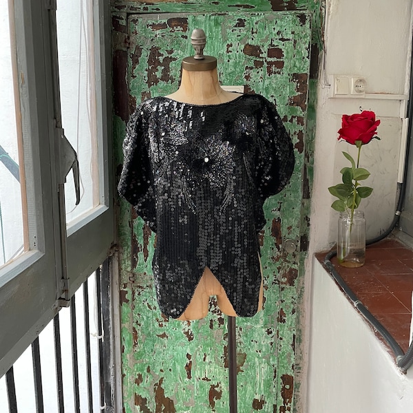 Vintage Black Sequin Butterfly Top, Vintage Sequined Evening Blouse, Sparkly Batwing Top, Black Festive Party Shirt, 1970s Disco Top Shirt