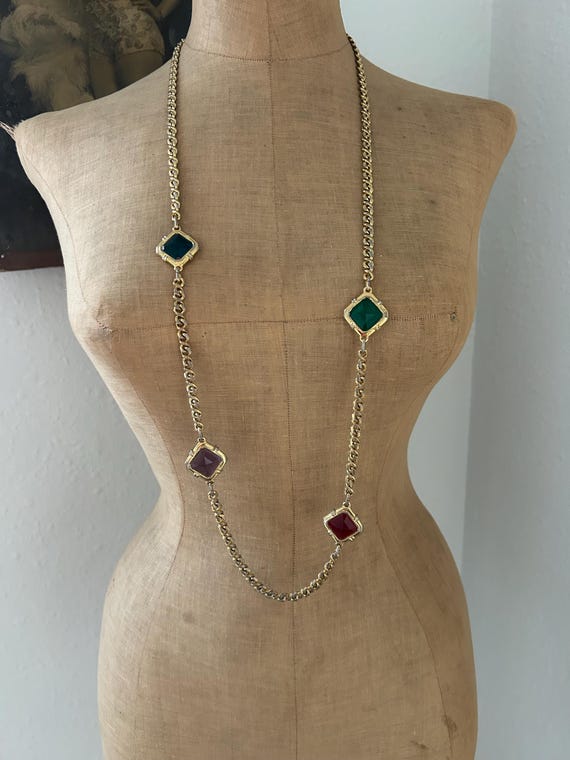 Vintage David Grau Long Gold Tone Chain Necklace with Colorful Square Glass Jewels