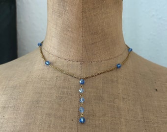 Vintage 14 kt gold filled ketting met blauwe kristallen hanger