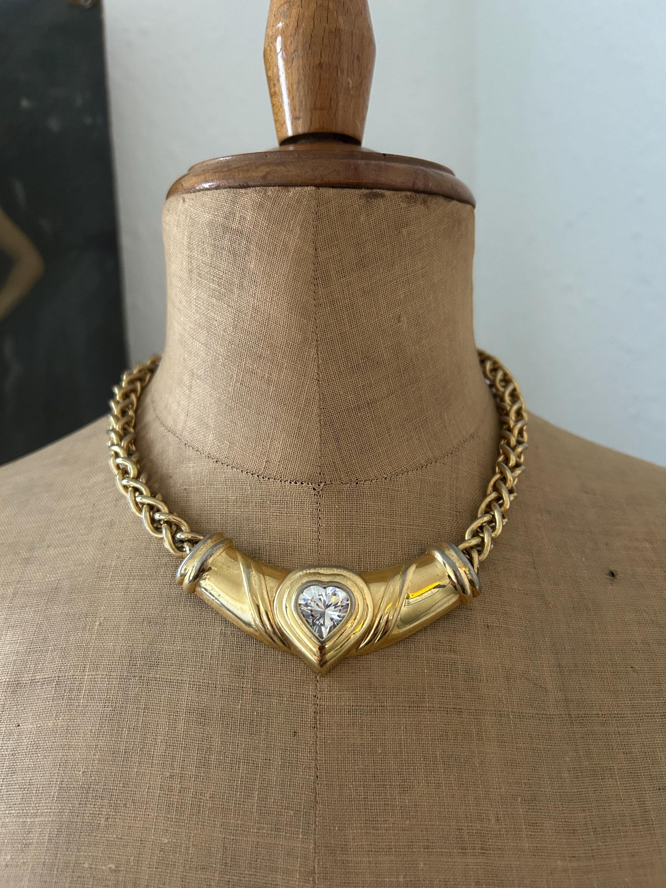 Vintage Gold Plated Chunky Chain Collar Sparkling Crystal