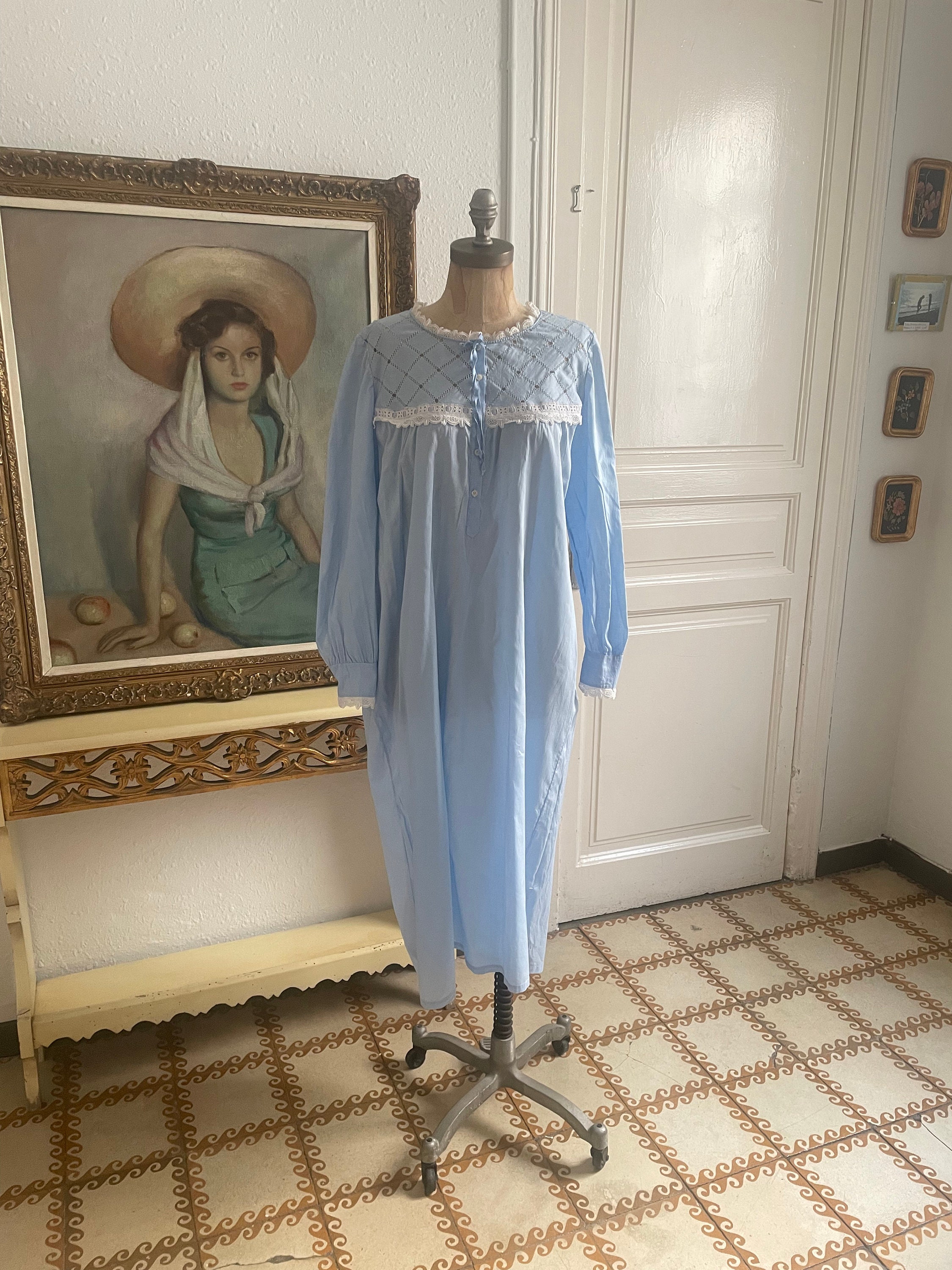Vintage Homemade 1950s Blue Cotton Nightgown, Hand Stitched Lace