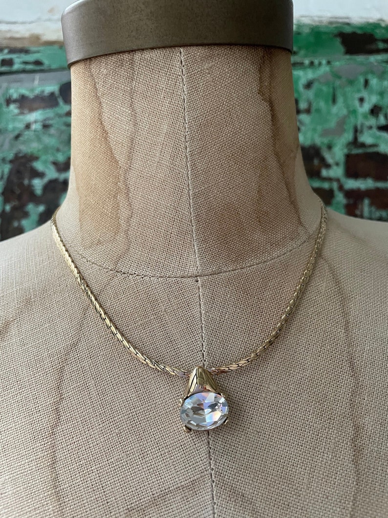 Vintage NOS Gold Plated Faceted Open Back Clear Crystal Pendant Chain Collar Necklace 80s Oval Glass Cabochon Jewel 17 or 43 cm image 1