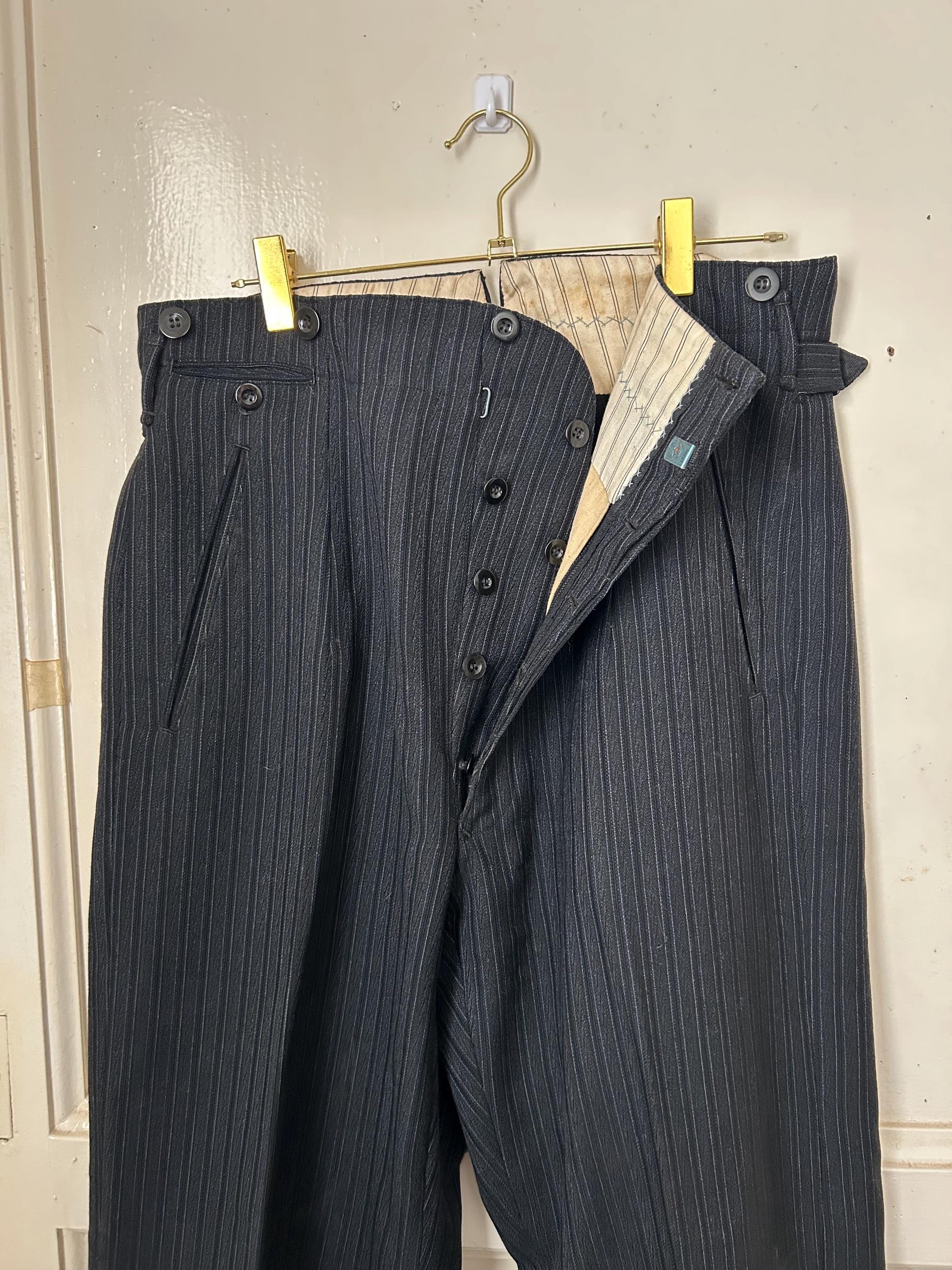 Men's 1950s Tuxedo Button Fly Pin Striped Trousers 33