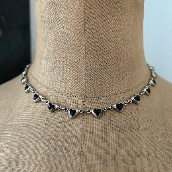 925 Silver & Black Onyx Heart Collar Necklace Made in Mexico, Gift for Her, Mexican Silver Jewelry, Heart Themed Choker