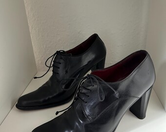 靴 y2k pointed toe opium leather shoes Vintage 90's Pointed Toe Boots Y2k Black Heel High Leather