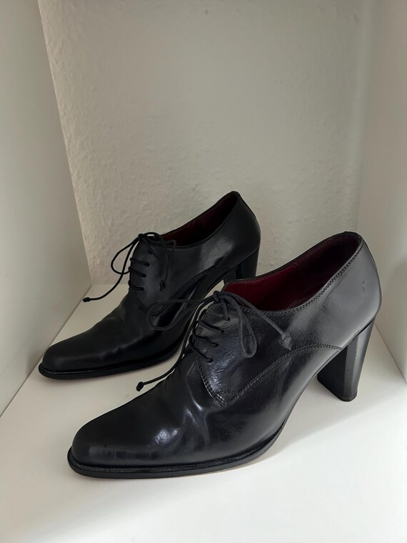 Vintage 90s Black Leather Witchy Pointed Toe Oxford Lace-up Heels