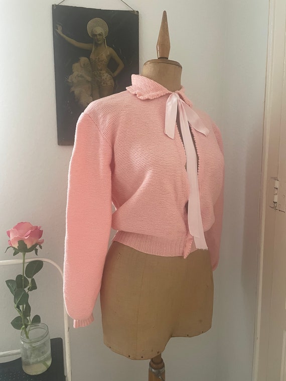 Vintage Hand Knitted Pink Sweater w/ Open Middle,… - image 9