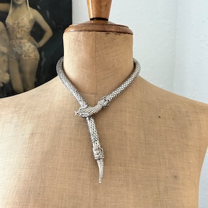 Vintage Silver Tone Snake Mesh Choker Necklace with Clear Crystal Eyes, Convertible Collar Bracelet