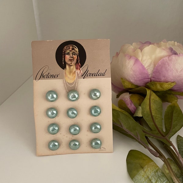 Antique 1920s Pastel Aqua Blue Baroque Glass 12 mm Pearl Buttons with Metal Shanks on Original Card 12 Count