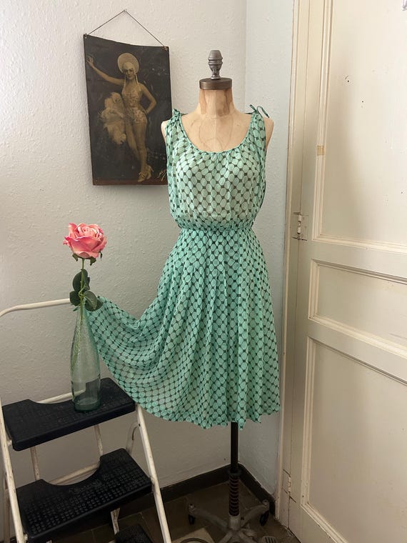1950s Silk Chiffon Fit and Flare Dress: Vintage Mint Green Tile Pattern, XS
