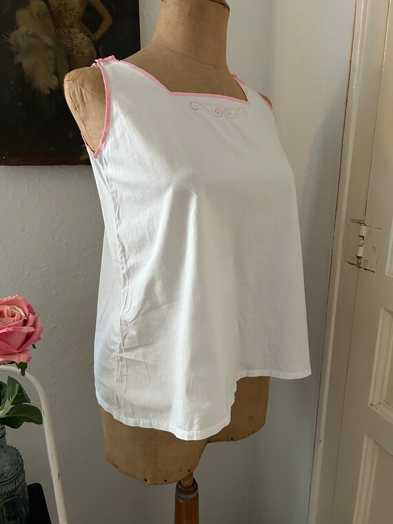 Antique White Cotton Tank Top Camisole with Pink … - image 10