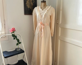 Vintage Pale Peach Cotton Long Sleeved Maxi Nightgown, Pin Tucked Ruffle V Neck Long Nightdress, PC Monogram, Homemade Pastel 30s Nightdress