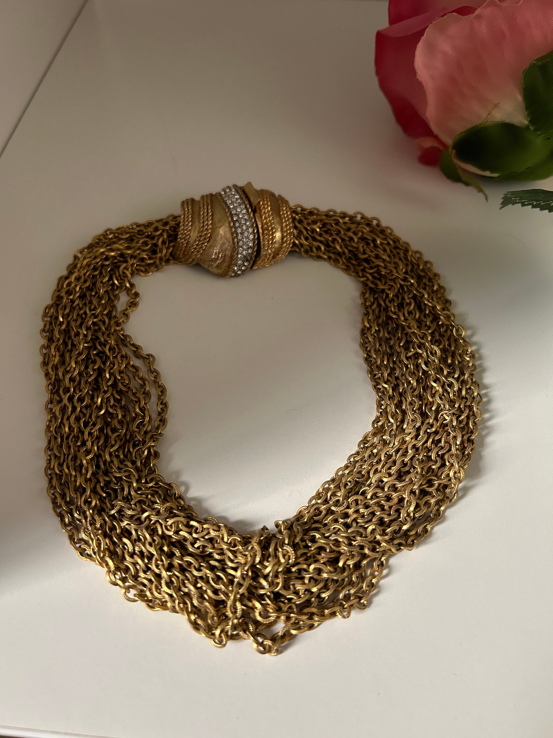 Vintage Gold Plated Torsade Necklace: Rhinestone Clasp, 80s
