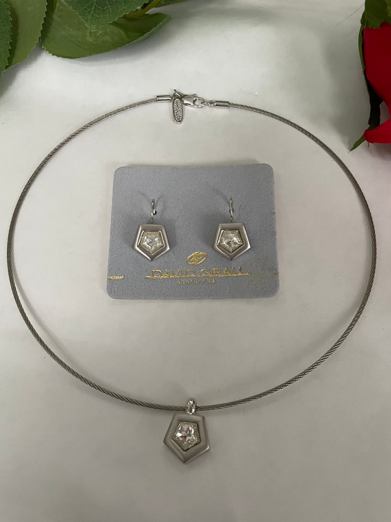 Vintage David Grau Crystal Pendant Necklace: Silver Tone Omega Collar image 1