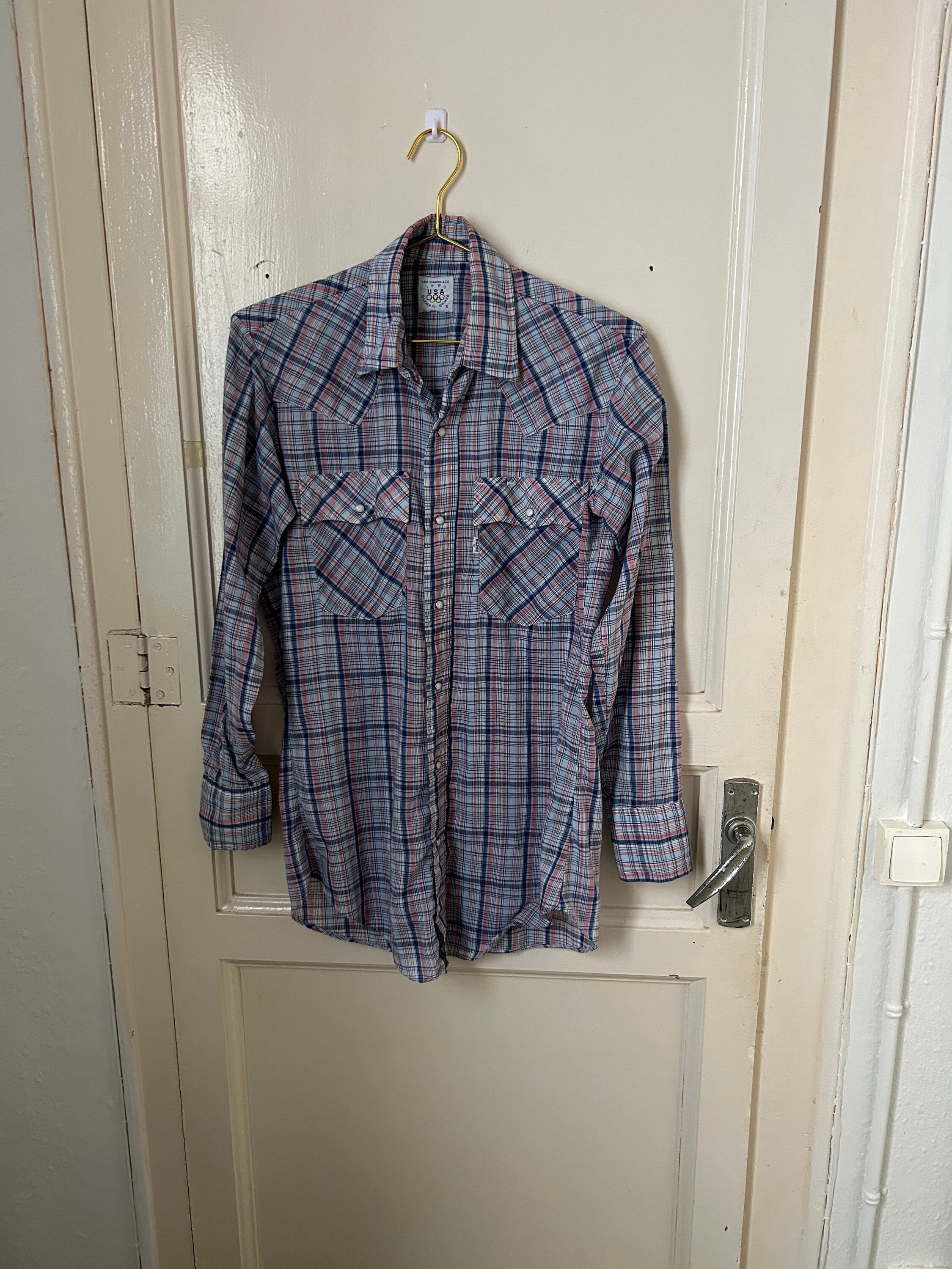 Vintage Levi's Blue Plaid Pearl Snap Western Shirt 1980 Olympic