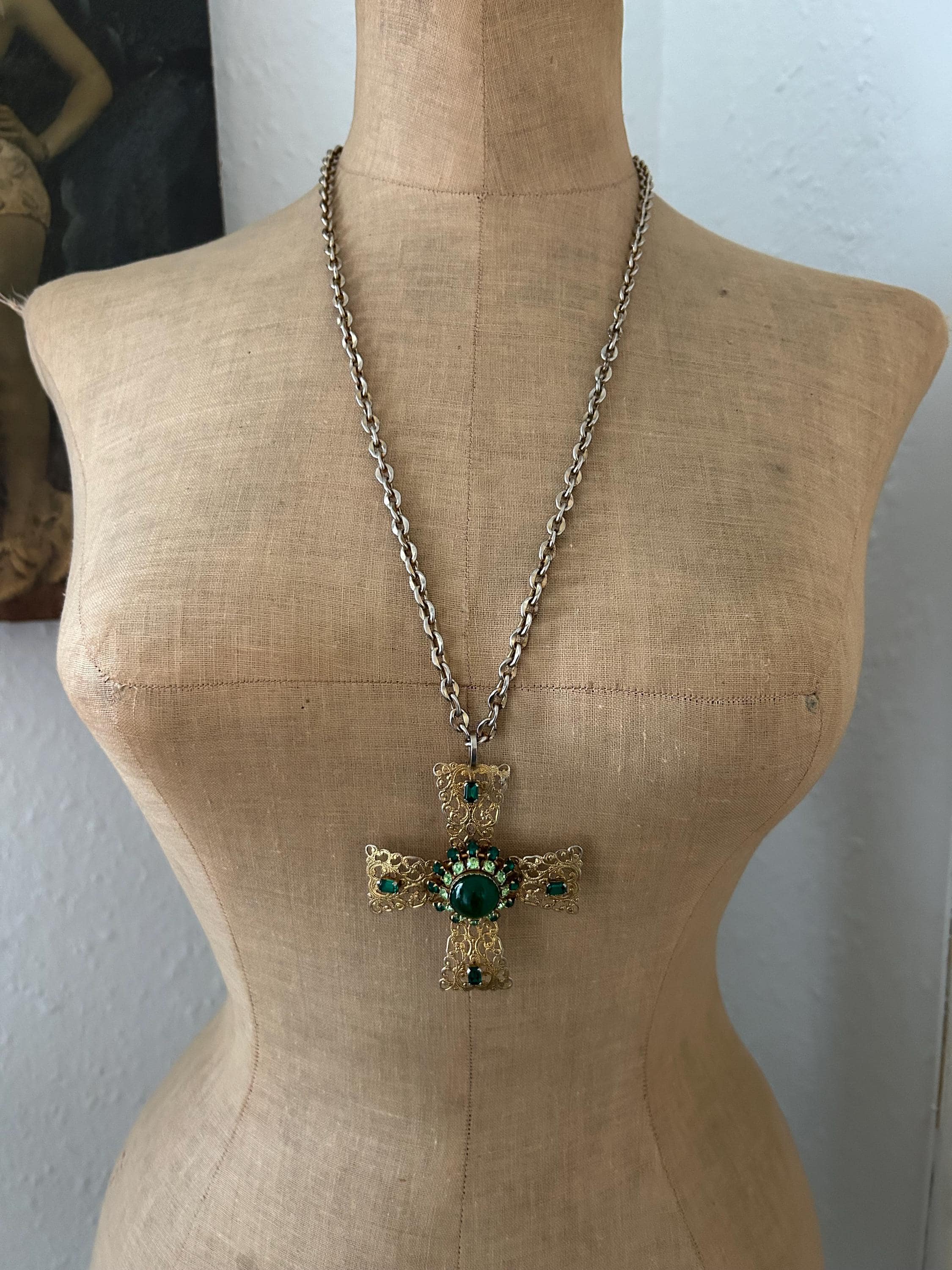 Vintage 70s Chunky Baroque Green Cabochon Jewel Cross Pendant