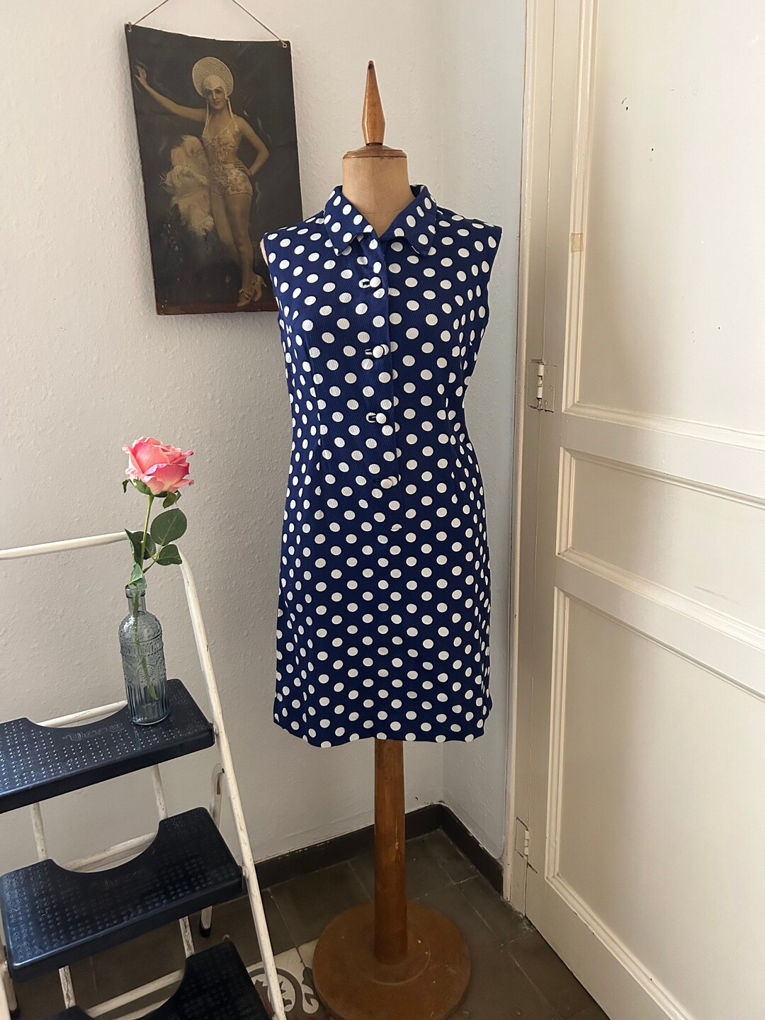 Vintage Early 70s Navy Blue & White Polka Dot Sleeveless Shift Dress - Etsy